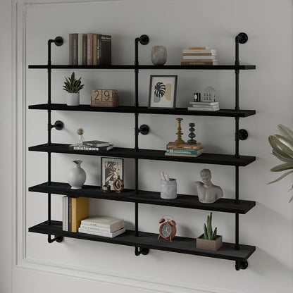 HDDFER Floating Shelves for Wall Bookshelf Industrial Pipe Shelving Shelves 60 Inch 5 Tier Natural Wood Planks Rustic Wall Shelves Hanging Bookshelves Farmhouse Kitchen Shelving