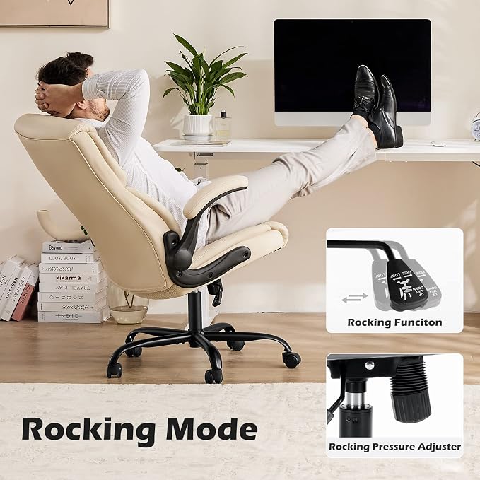 DUMOS PU Leather Office Chair - Ergonomic Executive Computer Desk Chairs with Adjustable Flip-up Armrest, Swivel Task Chair with Lumbar Support, Strong Metal Base, Cream White