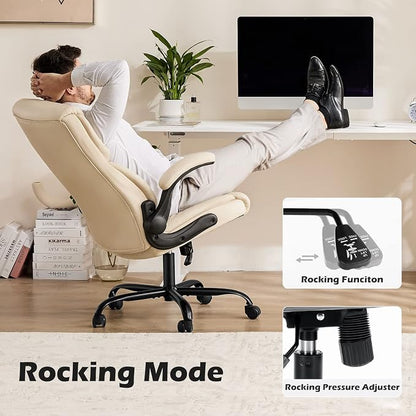 DUMOS Office Chair Set of 2 - Ergonomic Executive Computer Desk Chairs with Adjustable Flip-up Armrest, Swivel Task Chair with Lumbar Support, Strong Metal Base, PU Leather, Cream White