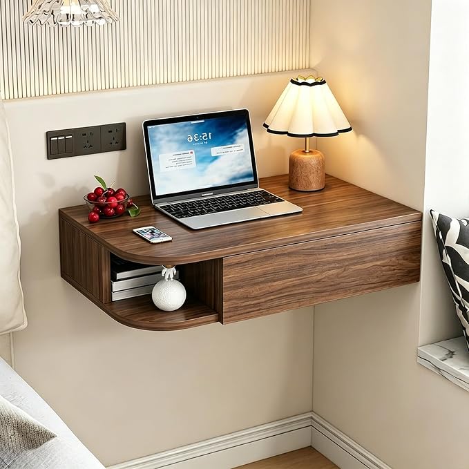 Corner Floating Desk with Drawer, Wall Mounted Desk with Open Shelving, Floating Makeup Vanity with Storage, Scratch-Resistant, Space Saving, for Bedroom Living Room Small Spaces Apartment