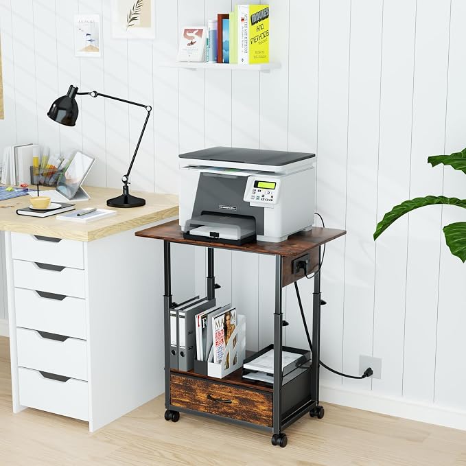 DALEMHOME Printer Stand with Charging Station, 2-Tier Height Adjustable Printer Table with Power Outlets Ports, Mobile Printer Cart with Fabric Drawer & Lockable Wheels, for Home Office, Rustic Brown