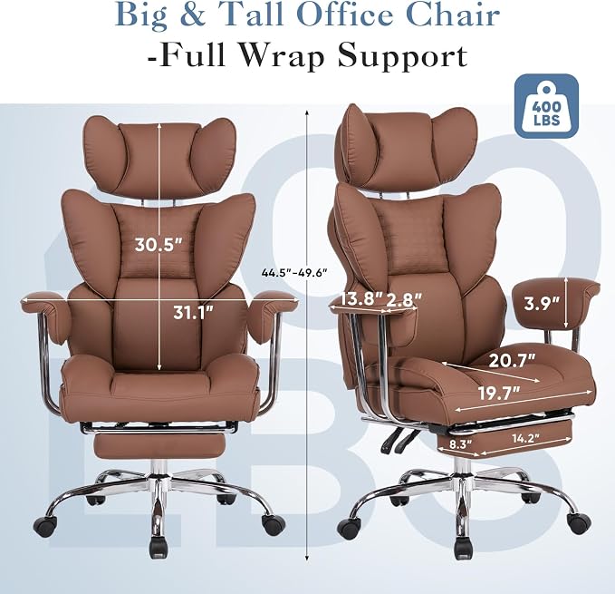 DUMOS Big and Tall Office Chair 400 LBS, Scratch-Resistant PU Leather Executive Office Desk Chair with Footrest, Ergonomic Reclining Computer Chairs with Pocket Spring Support, Brown