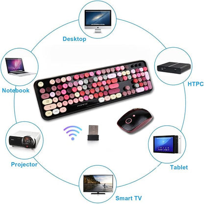 Wireless Keyboard and Mouse Combo, 2.4 GHz Full-Sized Typewriter Keyboard and Mouse Wireless with Round Keycaps for Windows, Computer, Desktop, PC, Laptop (New BlackColorful)