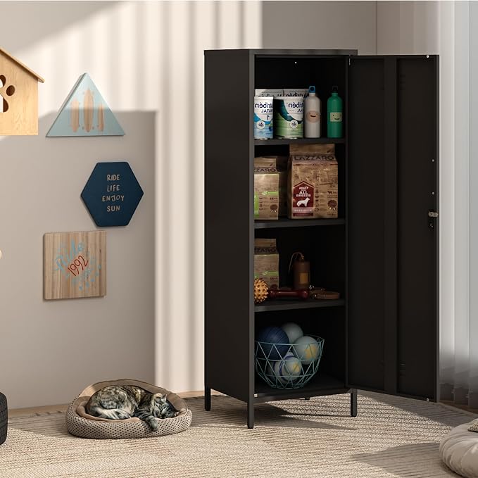 Steehoom Metal Locker Cabinet with Lock, Lockable Single Door Storage Cabinet Steel File Locker with 3 Adjustable Shelves for Living Room, School, Garage, Home, Office, Pantry (Black, H59.06'')