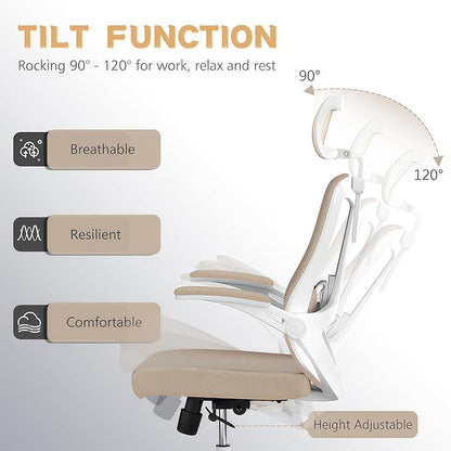 Ergonomic Office Chair - 350LB Comfy Desk Chairs with Adjustable Headrest and Lumbar Back Support, Mesh Computer Chairs with Wheels and Arms for Home Office, Study (Khaki-with Headrest)