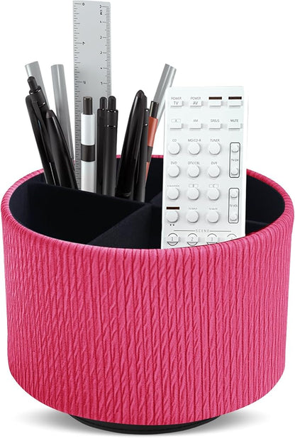 Round Leather Art Supply Organizer,Remote Control Holder,360 Degree Spinning,Multi-Functional Pencil Holder,4 Compartments Desktop Stationary Organizer(1-Vertical Wood Red)