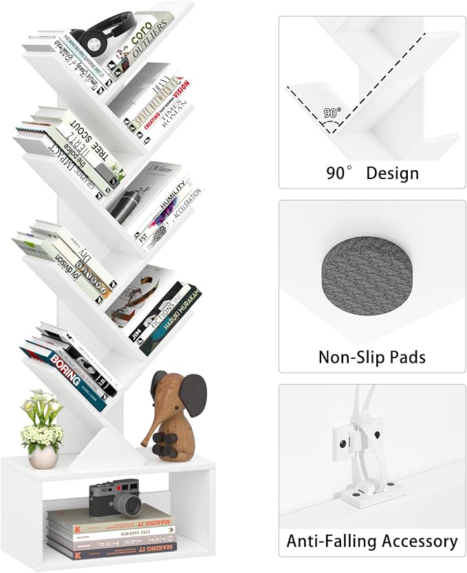 SHEEPAM 9 Tier Tree Bookshelf,Christmas Green Bookcase for Narrow Space, Storage Organizer Floor Standing Bookshelves for Books, Tall Book Case for Home Office, Living Room, Bedroom