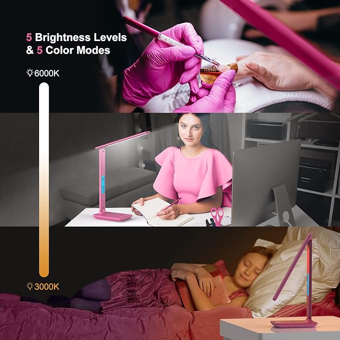 Desk Lamp, LED Desk Lamp with Wireless Charger, USB Charging Port, Table Lamp with Clock, Alarm, Date, Temperature, Office Lamp, Desk Lamps for Home Office, Pink