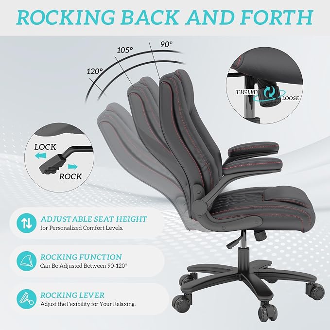 lavimiya Executive Office Chair with Rubber Wheels, Big and Tall Office Chair 400LBS, High Back Leather Computer Desk Chair with Flip-up Armrests and Lumbar Support, Black