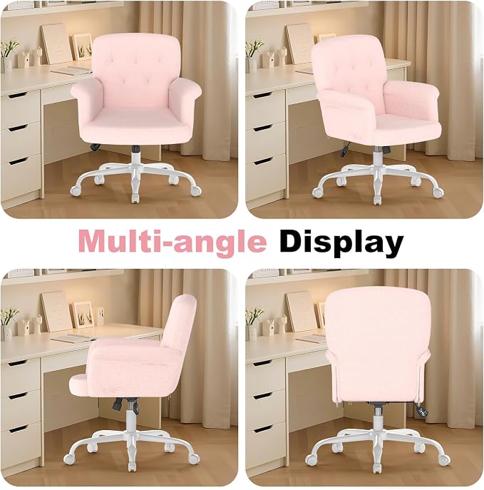 Comfy Home Office Desk Chair, Upholstered Fuzzy Vanity Chair with Wheels and Arms, Modern Adjustable Swivel Computer Seat for Make Up, Home Office, Living Room, Bedroom, Teddy Fleece, Pink
