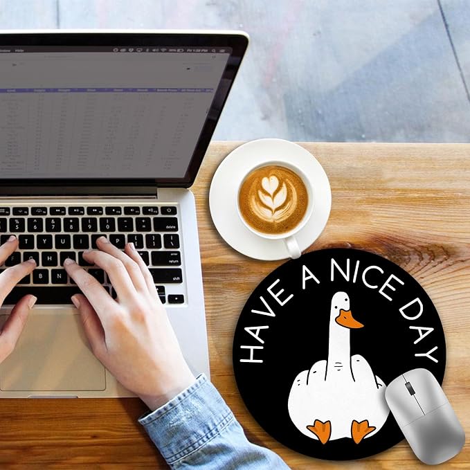 Funny Duck Work Mouse Pad, Small Round Mouse Pads for Desk, Mini Travel Mousepad for Wireless Computer Laptop, Office Desk Accessories, Have a Nice Day Middle Finger, 8.6 x 8.6 inch