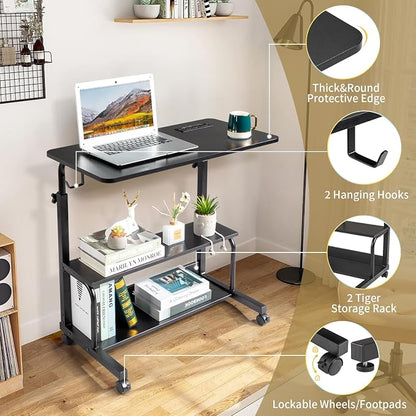 Karl home 31.5" Portable Rolling Desk on Wheels,Height Adjustable Standing Desk with 2 AC Outlets/3 USB Ports,Mobile Laptop Table with Hooks and Storage Shelves for Home Office，Black