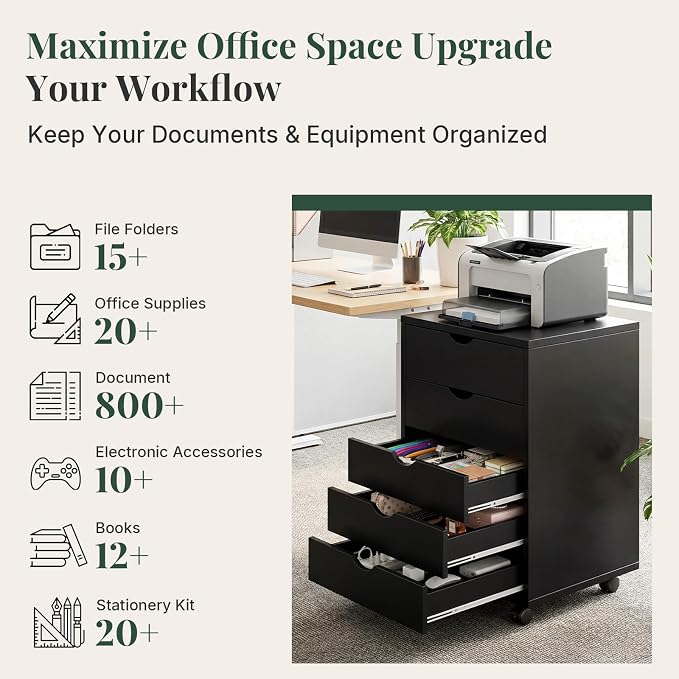 Mobile File Cabinet Under Desk, 5 Drawer Storage Organization with Wheels, Vertical Filing Chest Rolling Wood Small Desk Printer Stand for Home Office, 15.75" D x 18.74" W x 25.39" H