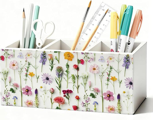 Floral Pen Pencil Holder for Desk Accessories, Cottagecore Colorful Wildflower Botanical Wooden Box Sign Decorations for Girls Room Bedroom Dorm Home Office Desk Tabletop