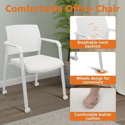 CLATINA Stacking Office Chairs with Wheels | Mesh Back, Thicken Leather Seat and Streamline Armrests, Ergonomic Lumber Support | School, Desk, Guest Reception, Waiting, Conference, White