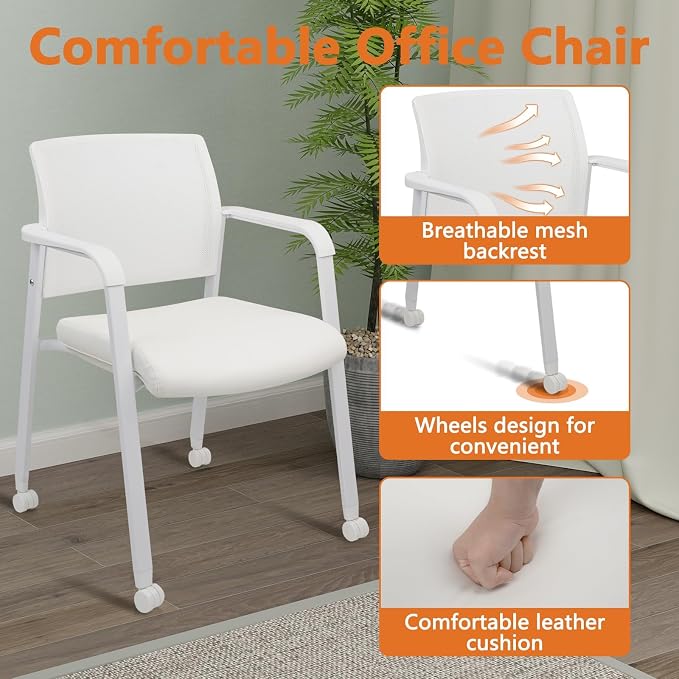 CLATINA Mesh Back Guest Reception Stacking Chair with Wheels, Waiting Room Stackable Chairs with Upholstered Leather Seat & Ergonomic Lumbar Support for Office Conference School Lobby, White, 2 Pack