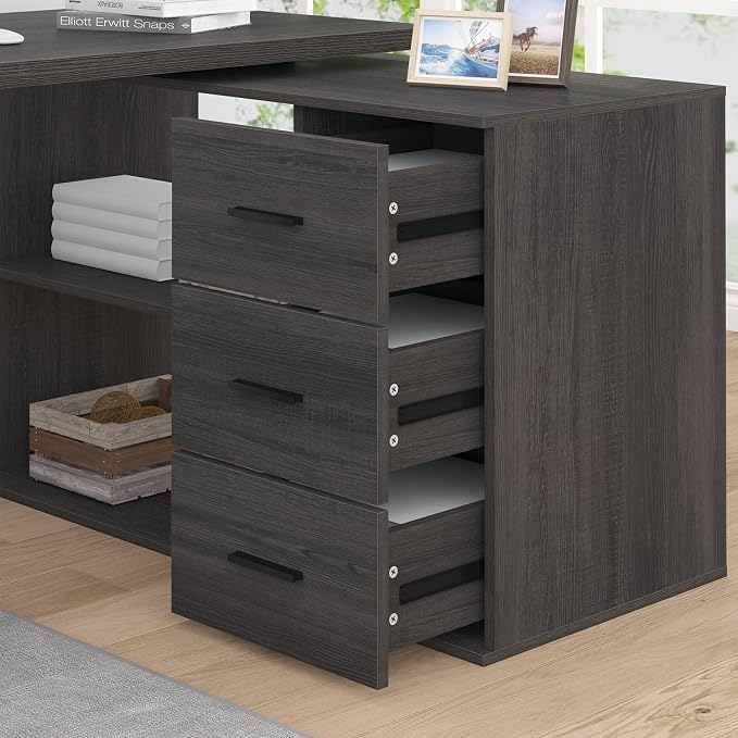 HSH L Shaped Desk with Drawers, Shape Computer Storage Cabinet Shelves, Reversible Modern Industrial Home Office Corner Desk, Rustic Wood Executive Writing Gaming Study Table, Gray 55 Inch