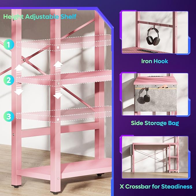 Bestier Pink Gaming Desk with Power Outlets, 44 Inch Led Gamer Desk with 4 Tiers Reversible Shelves, Computer Desk with Headset Hook & Side Storage Bag for Bedroom (Pink 3D Carbon Fiber)