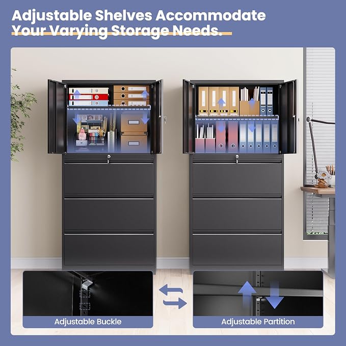 3 Drawer Lateral File Cabinet, Office Storage Cabinet with 3 Wide&Deep Drawers and Locking Doors, Black Metal Cabinet with Adjustable Shelves for Home Office, Fits A4/Letter/Legal Size Folders
