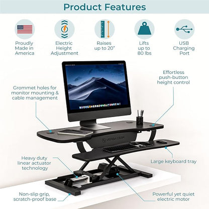 VERSADESK PowerPro 40 Inch Electric Standing Desk Converter – Push-Button Height Adjustable Sit to Stand Desk Riser for Triple Monitors & Laptop – Motorized Desktop Workstation with Wide Keyboard Tray