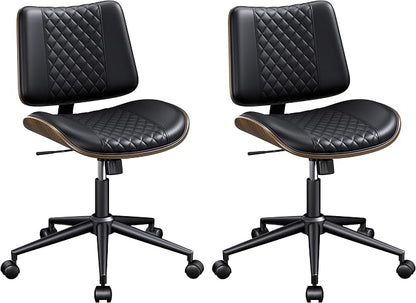 REONEY Home Armless Office Chair Set of 2, Modern Walnut Desk Chair with Wheels, Adjustable Swivel Rolling Task Chair with Curved Back for Reading,Meeting Room, Black