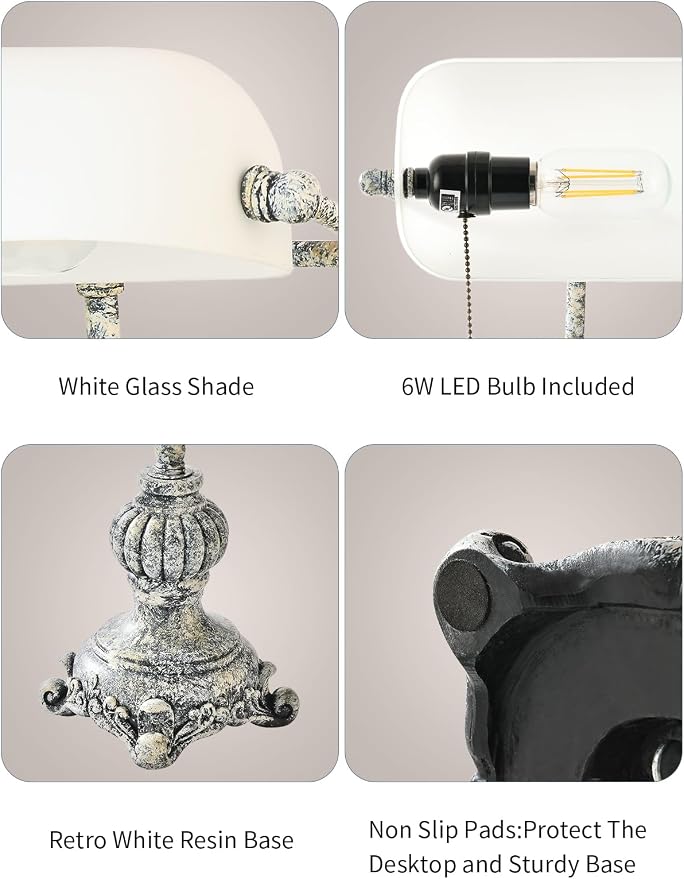 Retro White Matted Glass Bankers Desk Lamp,LED Bulb Included | for Home Office,Library with Pull Chain Switch Plug in Fixture