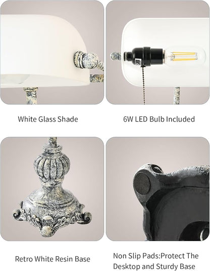 Retro White Matted Glass Bankers Desk Lamp,LED Bulb Included | for Home Office,Library with Pull Chain Switch Plug in Fixture
