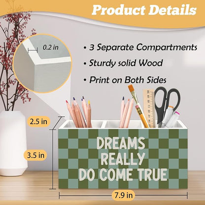Inspirational Pen Holder Organizer for Desk Accessories, Motivational Gifts for Women, Dreams Really Do Come True Retro Green Checkered Wooden Box Sign Desk Decorations for Home Office Decor
