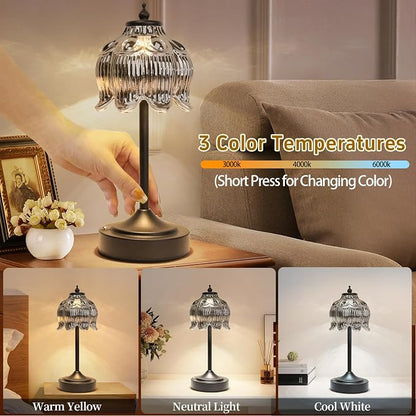 Cordless Lotus Flower Table Lamp, 5200mAh Rechargeable Battery Operated Portable Lamp, 3-Color Dimmable Touch Control Small Desk Lamp for Bedroom, Office, Kitchen, Nightstand,Room Decor(Black)