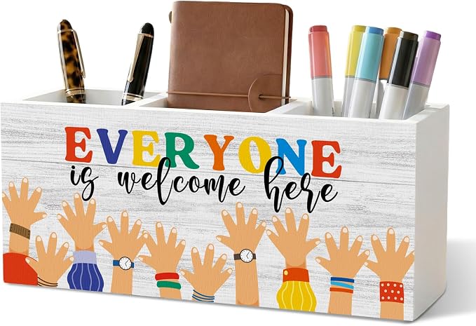 Inspirational Classroom Welcome Pencil Pen Holder for Desk Organizer, Everyone is Welcome Here, Diversity Equality Classroom Wooden Box Decorations for Kids LGBT Pride Black Lives Matter