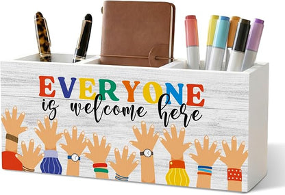 Inspirational Classroom Welcome Pencil Pen Holder for Desk Organizer, Everyone is Welcome Here, Diversity Equality Classroom Wooden Box Decorations for Kids LGBT Pride Black Lives Matter