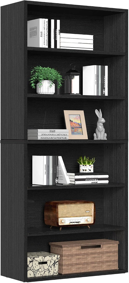Sweetcrispy 6-Tier Bookcase, 63 Inch Tall Open Bookshelf, Freestanding Wood Book Case, Storage Shelves for Bedroom, Modern Display Bookshelf for Home Office Living Room，Black