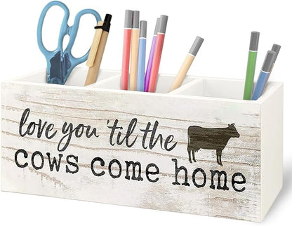 Funny Cow Wooden Pen Pencil Holder for Office Desk Accessories, Cow Lover Gifts, Love You 'Til the Cows Come Home Makeup Brush Toothbrush Holder Organizer for Bathroom