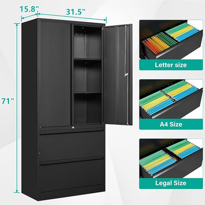 SISESOL Black Metal Storage Cabinet with Drawers and Lock,Locking Steel Storage Cabinet with Doors and Shelves,71" Office File Cabinets for Home Office,Warehouse,Garage,School (Black, 2 Drawers)