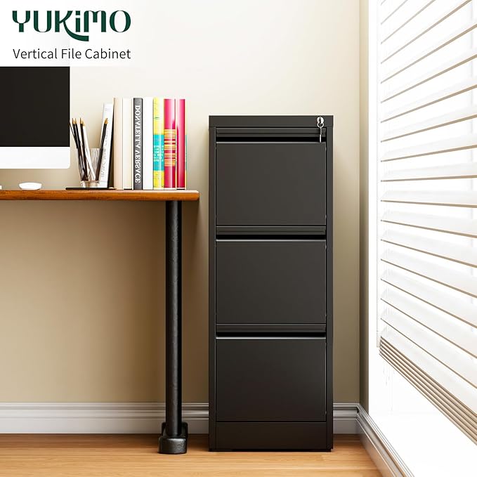 3 Drawer File Cabinet with Lock, Vertical File Cabinet with Lock, Locking File Cabinet Hanging Files for A4/ Legal/Letter, Require Assembly, Black