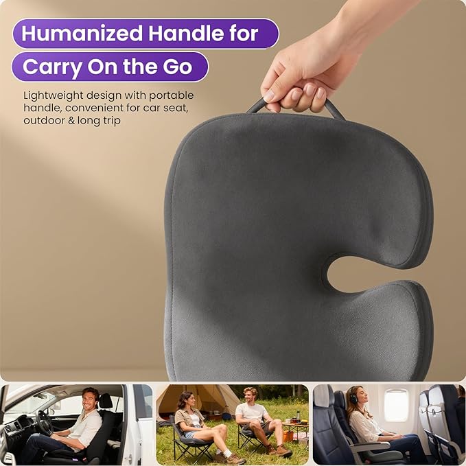 ZZ-WELL Seat Cushions for Office Chairs, Patented Pressure Relief Coccyx Cushion for Tailbone Pain, Memory Foam Butt Pillows for Wheelchair Car Sitting, Carrying Handle, Non-Slip (Grey, Large)