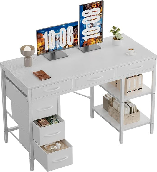 OLIXIS Computer Desk with 6 Drawers, 46 inch Office Workstation with Storage Shelves, Reversible Gaming Setup, Corner Table with Storage Drawers, Work for Home Office, Study, Living Room, White