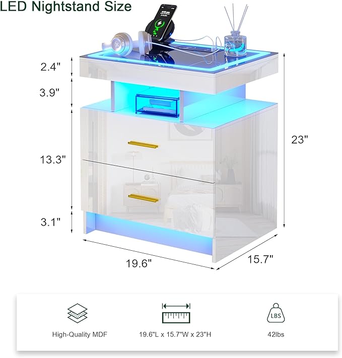 HNEBC LED Nightstand with Charging Station (USB,Type-C Ports) High Gloss Bedside Table with 2 Drawers, Smart Night Stand with Auto Sensor Lights,Modern Bed Side Table for Bedroom (White)