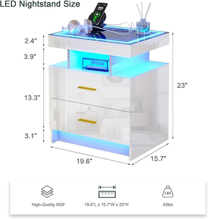 HNEBC LED Nightstand with Charging Station (USB,Type-C Ports) High Gloss Bedside Table with 2 Drawers, Smart Night Stand with Auto Sensor Lights,Modern Bed Side Table for Bedroom (White)