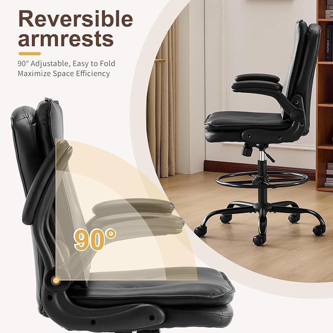 Karl home Tall Drafting Chair, Faux Leather Black | 330Lbs Capacity, Tall Office Chair for Standing Desk, Adjustable Height with Foot Ring, Flip-Up Armrests, PU Executive Chair