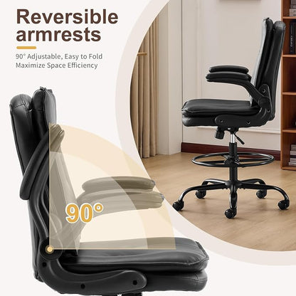 Karl home Tall Drafting Chair, Faux Leather Black | 330Lbs Capacity, Tall Office Chair for Standing Desk, Adjustable Height with Foot Ring, Flip-Up Armrests, PU Executive Chair