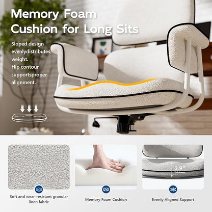 HomeZeer White Office Chair, Memory Foam Seat Mid Century Modern Desk Chair | 3.9" Sloped U-Shaped Memory Foam Cushion, Granular Linen Fabric, Lumbar Support, 1.2mm Sturdy Metal Tube, 400LBS Capacity