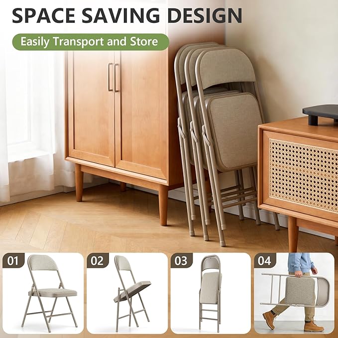 8 Pack Folding Chairs, Fabric Padded Folding Dining Chairs with Cushion Seat & Back, Indoor Outdoor Folding Chair Set for Home Office, Parties, Events, Wedding, Extra Guest Seating