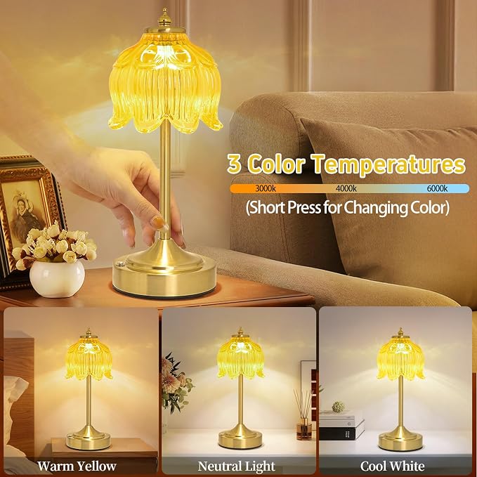 Cordless Lotus Flower Table Lamp, 5200mAh Rechargeable Battery Operated Portable Lamp, 3-Color Dimmable Touch Control Small Desk Lamp for Bedroom, Office, Kitchen, Nightstand,Room Decor (Yellow)