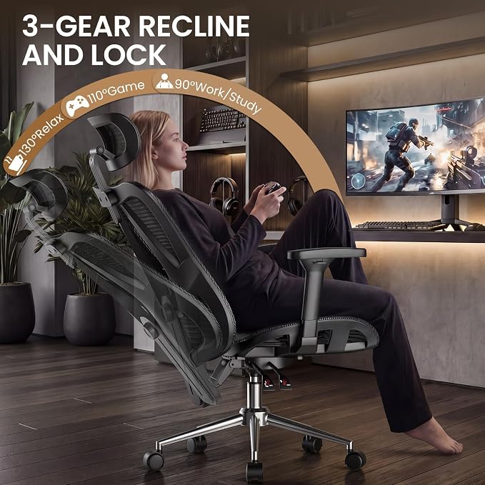 naspaluro Ergonomic Office Chair Mesh Desk Chair with Adjustable Headrest Lumbar Support 3D Armrest 90-135° Reclining Chairs for Home Office, Study, Work & Gaming (Black)