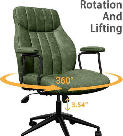 Green Leather Office Chair, Mid Century Home Office Desk Chair | Ergonomic Curve Design, Removable Padded Arms, Height Adjustable Swivel Seat & Smooth Wheels, Vintage Mid-Back Computer Chair