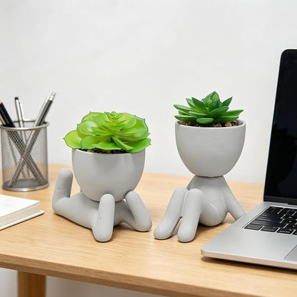 Zerzsy 2 Pack Artificial Plants Succulents with Creative Human Shaped Pots, Office Plant Cute Desk Decor for Women, Fake Succulent Decoration for Home Bathroom Shelf Decor (Grey)