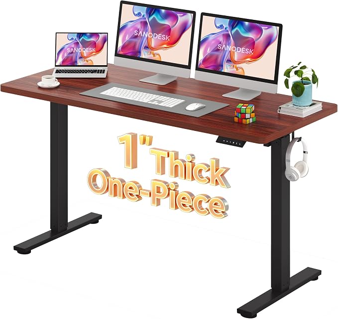 SANODESK Electric Standing Desk 60 x 24 Inches Whole-Piece Desktop Height Adjustable Stand Up Desk w/6-Button Controller Ergonomic Computer Desk for Home Office, Black Frame + Mahogany Tabletop