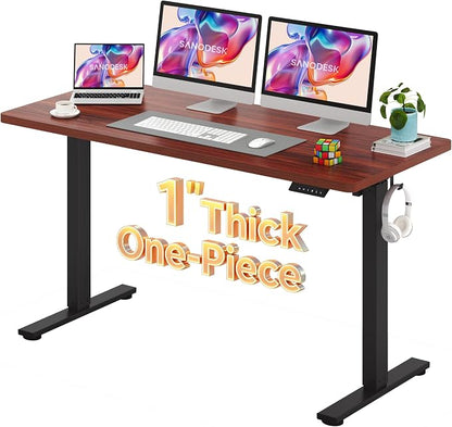 SANODESK Electric Standing Desk 60 x 24 Inches Whole-Piece Desktop Height Adjustable Stand Up Desk w/6-Button Controller Ergonomic Computer Desk for Home Office, Black Frame + Mahogany Tabletop