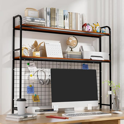 Desk Shelf, 2-Tier Desktop Hutch Bookshelf with Pegboard Hooks Set, Metal Table Top Bookcase for Computer, Freestanding Countertop Storage Organizer Rack for Dorm, Office & Home, Black, 45.3"